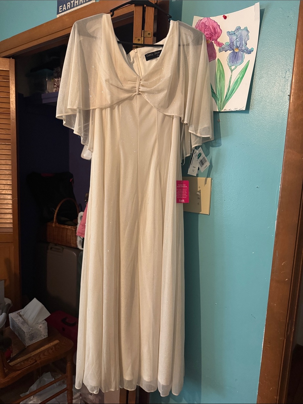 David's Bridal Cream Shimmer Capelet Maxi Dress